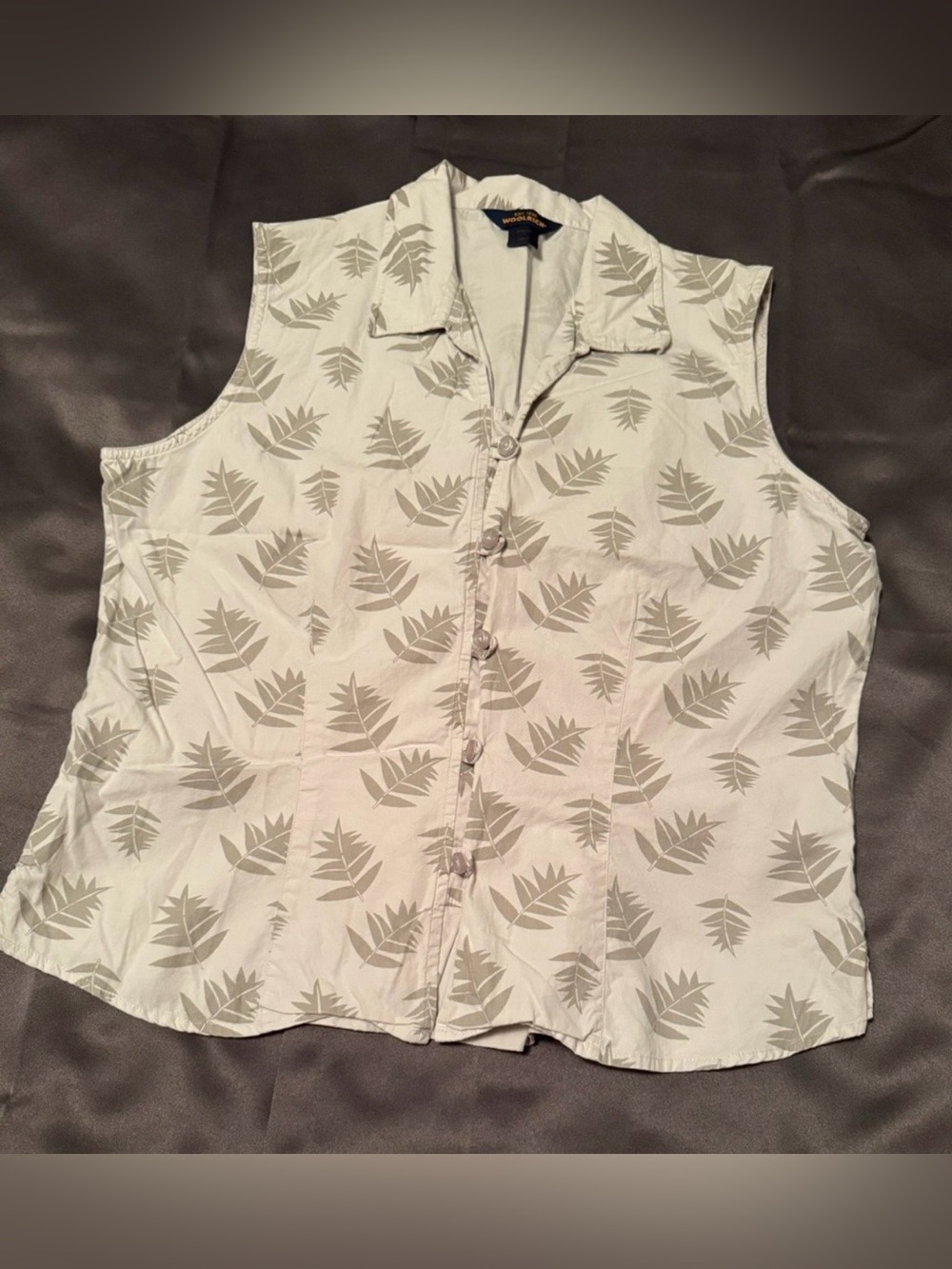 Woolrich Sleeveless Tropical Leaf Print Button Up Blouse Tan Beige L